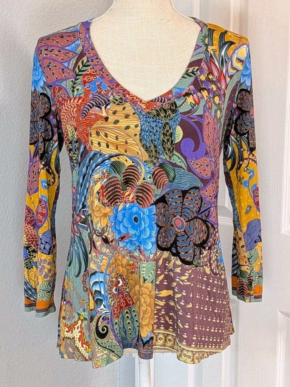 Johnny Was Madison Favorite Floral Shirt Womens SMALL 3/4 Sleeve V Neck Blouse
